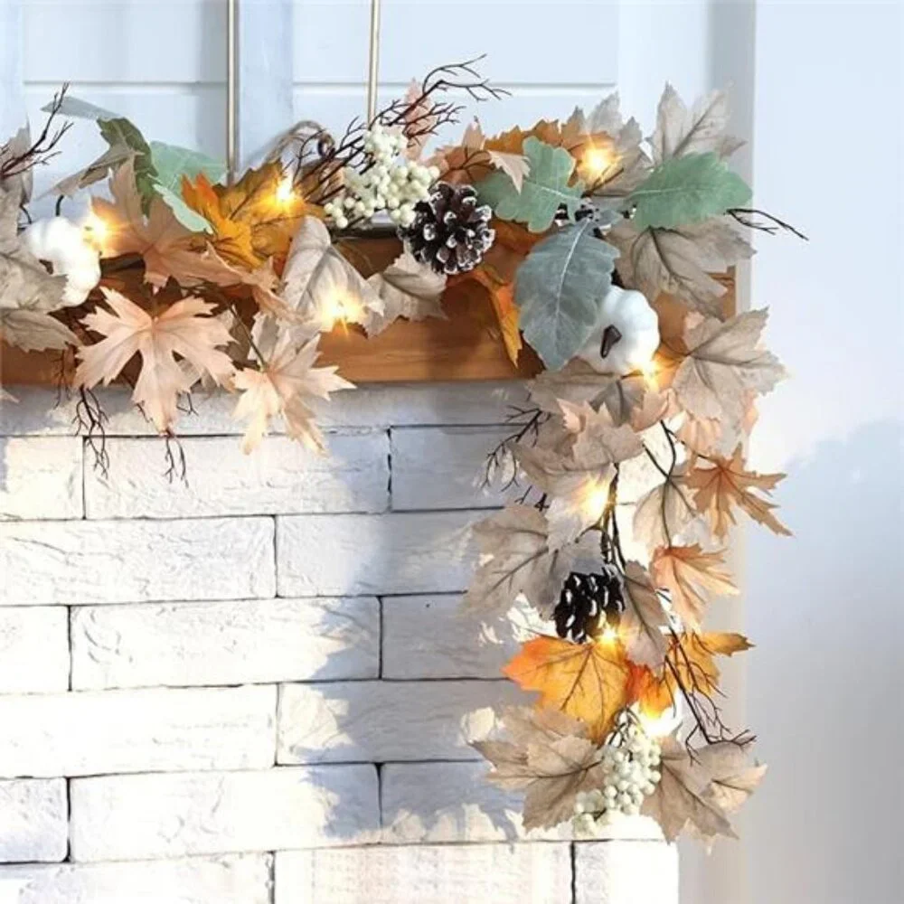 6 FT Fall Garland with Lights Neutral Fall Leaves Mantle Garland with Pumpkins